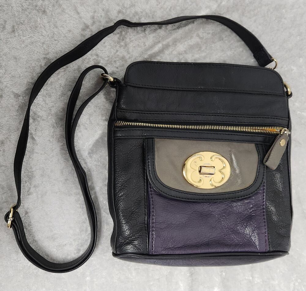 Emma Fox Black, Purple & Grey  Leather Crossbody Handbag with Gold Hardware